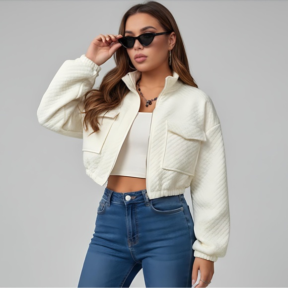 Flap Pocket Drop Shoulder Zip Up Crop Jacket - Picture 5 of 10